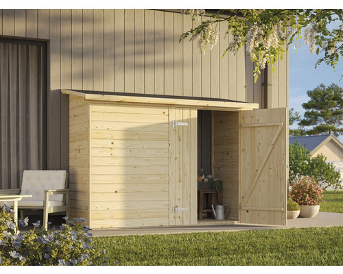Abri de jardin en bois avec porte ouverte et outils de jardin