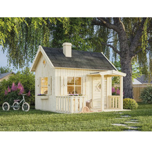 Holzspielhaus mit Dach und Veranda im Garten