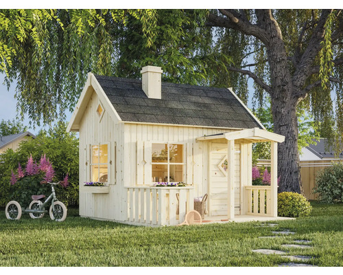 Holzspielhaus mit Dach und Veranda im Garten