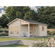 Holzgartenhaus mit Terrasse und Gartenmöbeln im Aussenbereich