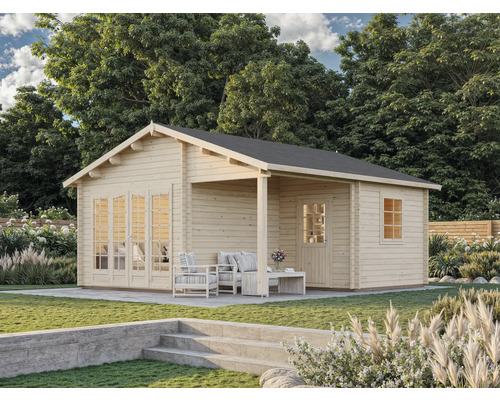 Holzgartenhaus mit Terrasse und Gartenmöbeln im Aussenbereich