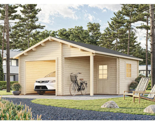 Holzgarage mit angrenzendem Carport und einem Auto in der Garage