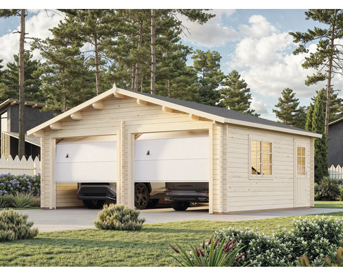 Garage double en bois avec deux voitures à l'intérieur, fenêtre et porte sur le côté