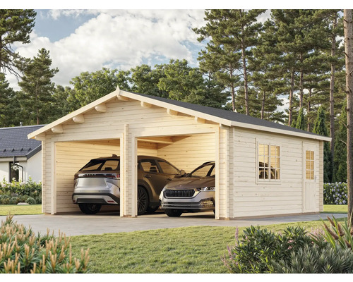 Doppelgarage aus Holz mit zwei darin geparkten Autos