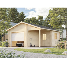 Holzgarage mit offenem Carport, Autogarage und einem Elektroauto