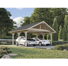 Carport aus Holz mit zwei geparkten Autos