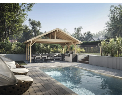 Einladende Gartenszene mit Pool, Pavillon und Essbereich