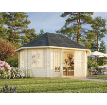 Pavillon de jardin en bois avec fenêtres et double porte dans le jardin
