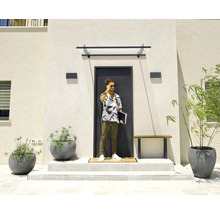 Entrée de maison moderne avec porte foncée, marquise en verre, appliques murales rectangulaires et grands bacs à plantes gris.