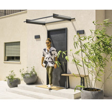 Entrée moderne avec un auvent noir, une porte d'entrée noire minimaliste et des jardinières sur une terrasse claire.