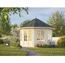 Garten mit Holzpavillon, Blumen und Rasen