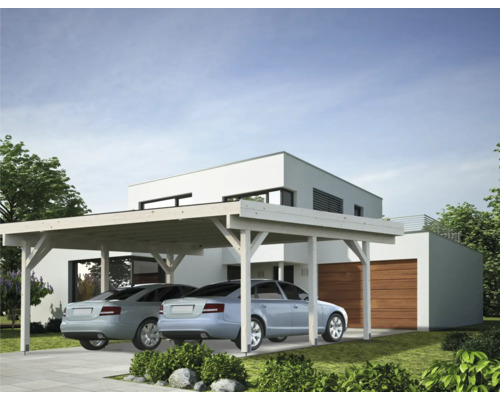 Double abri de voiture en bois devant une maison moderne avec deux voitures garées