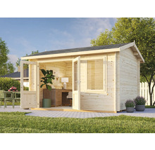 Abri de jardin en bois avec portes doubles ouvertes, fenêtre, bureau et chaise de bureau