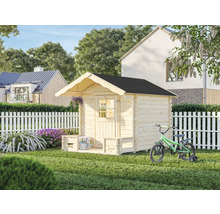 Spielhaus aus Holz mit Fahrrad im Garten
