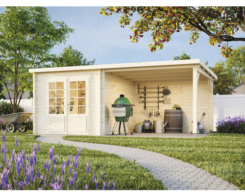 Jardin avec abri de jardin en bois, barbecue et outils de jardinage