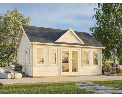 Maison de jardin en bois avec fenêtres et double porte sur une terrasse