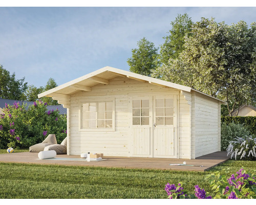 Abri de jardin en bois avec fenêtre et porte double sur une terrasse dans le jardin.