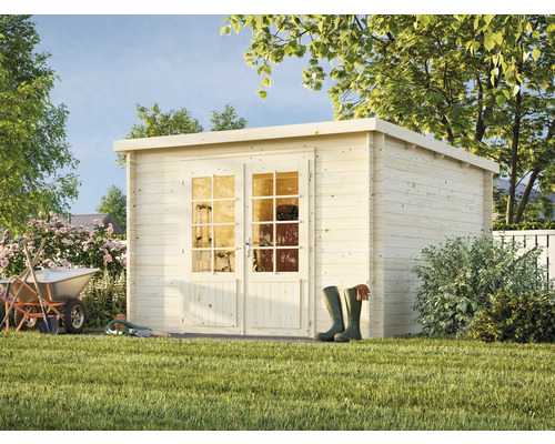 Abri de jardin en bois avec double porte et outils de jardinage dans le jardin