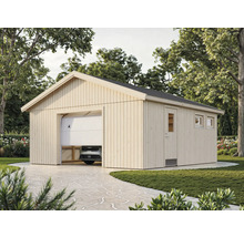 Garage en bois avec porte sectionnelle et porte latérale dans le jardin