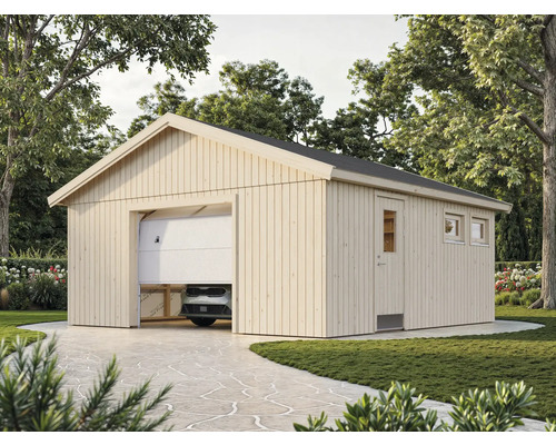 Garage en bois avec porte sectionnelle et porte latérale dans le jardin