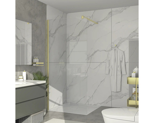 Salle de bain avec douche, meuble sous-lavabo et toilettes au design clair