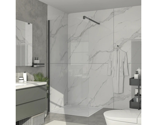 Jungborn Walk In vitre TRIA 96 x 210 cm verre transparent revêtement en verre anti-salissures sans profilé mural et étrier de stabilisation Salle de bain avec douche, lavabo, WC et mur en marbre