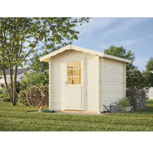 Abri de jardin en bois avec porte et fenêtres dans le jardin