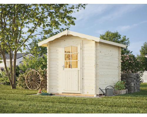 Abri de jardin en bois avec porte et fenêtres dans le jardin