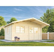 Maison de jardin en bois avec fenêtres et porte double dans le jardin