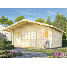 Holzgartenhaus mit Doppeltür und Fenstern im Garten