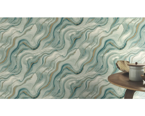Papier peint à motif de marbre dans les tons bleu et or