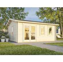 Gartenhaus aus Holz mit Fenstern und Doppeltür im Garten