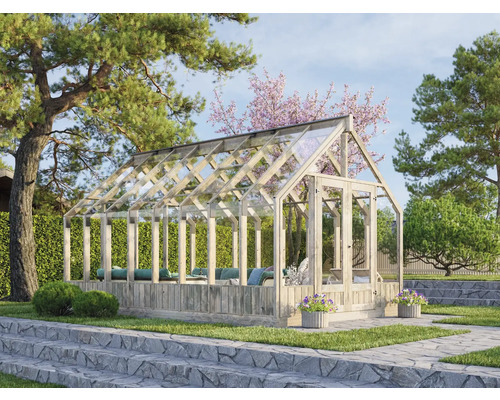 Gewächshaus aus Holz und Glas im Garten.