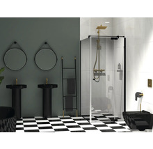 Salle de bain avec deux lavabos, miroirs, porte-serviettes, douche et toilettes en noir et or