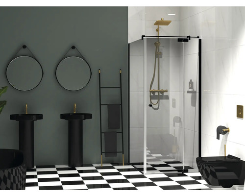 Salle de bain avec deux lavabos, miroirs, porte-serviettes, douche et toilettes en noir et or