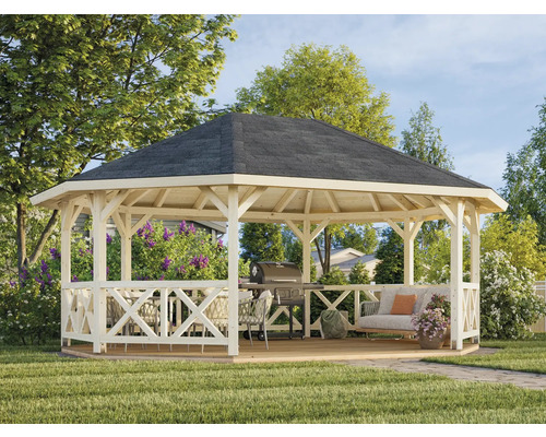 Holzpavillon mit Grill, Tisch, Stühlen und Sofa im Garten