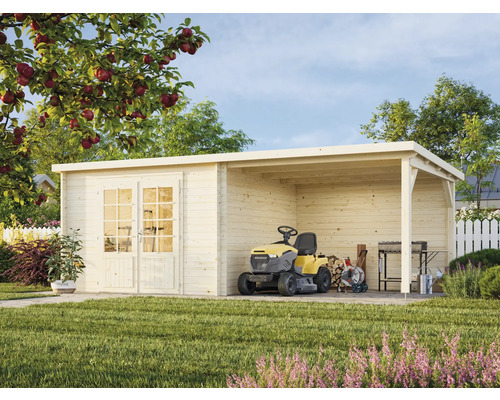 Abri de jardin en bois avec double porte et tracteur de pelouse dans le jardin