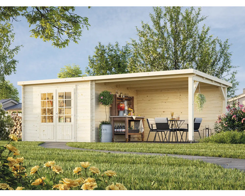 Maison de jardin en bois avec terrasse couverte et mobilier de jardin extérieur