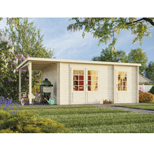 Abri de jardin avec barbecue, vélo et outils de jardin dans le jardin