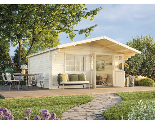 Abri de jardin en bois avec terrasse, mobilier de jardin et allée de rocaille