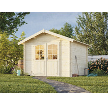 Abri de jardin en bois avec porte double et fenêtres dans le jardin