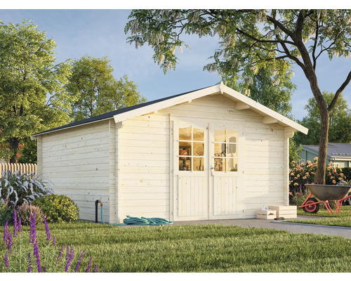 Abri de jardin en bois avec double porte et fenêtres dans le jardin