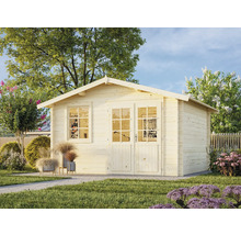 Abri de jardin en bois avec fenêtres et double porte dans le jardin