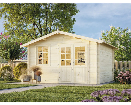 Abri de jardin en bois avec double porte et fenêtres dans le jardin