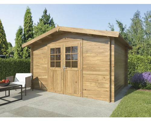 Abri de jardin en bois avec double porte et toit à deux pans dans le jardin