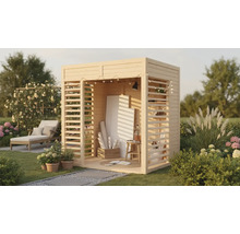 Abri de jardin en bois avec chevalet, toile, tabouret et décoration dans le jardin