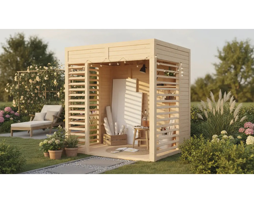 Abri de jardin en bois avec chevalet, toile, tabouret et décoration dans le jardin