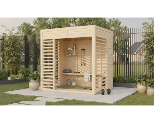 Abri de jardin en bois avec équipement d'exercice et étagères