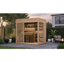 Bar de jardin en bois avec étagères, tabouret de bar et espace extérieur