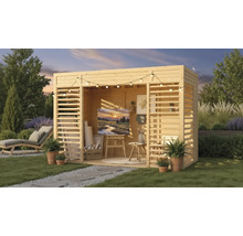 Pavillon de jardin en bois avec atelier d'art, chaise longue et plantes